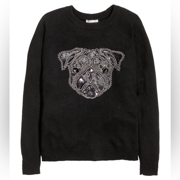 H&M Pug Sequin Alpaca Blend Black Crew Neck Black Sweater Size S - Picture 1 of 5